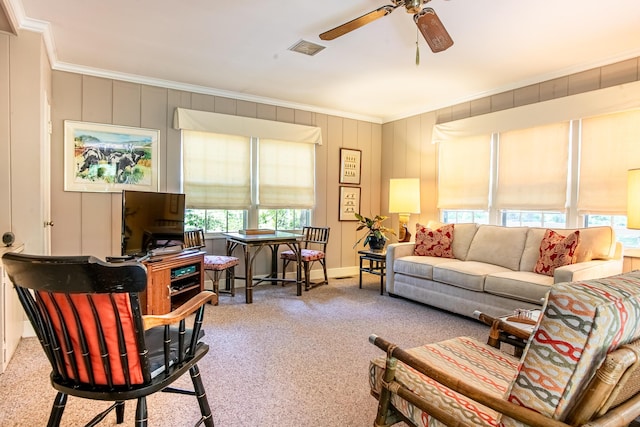 504 Fleetwood Dr, Lookout Mountain, TN 37350 - living room with ornamental molding, carpet flooring, and a ceiling fan