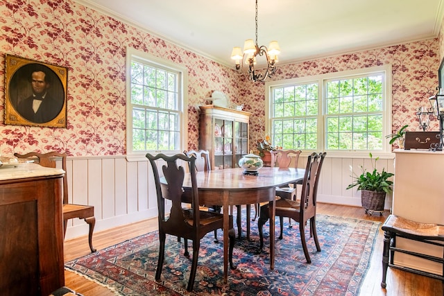 504 Fleetwood Dr, Lookout Mountain, TN 37350 - dining room with healthy amount of natural light, wallpapered walls, wood finished floors, a chandelier, and a wainscoted wall
