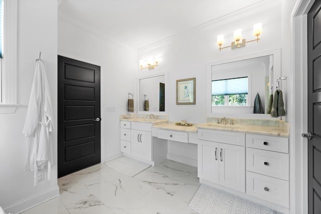 1355 Carrington Way, Chattanooga, TN 37405 - bathroom with double vanity, baseboards, crown molding, and marble look tile flooring
