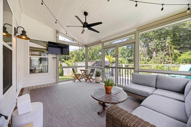 1355 Carrington Way, Chattanooga, TN 37405 - sunroom featuring an outdoor hangout area, vaulted ceiling, ceiling fan, and view of wooded area