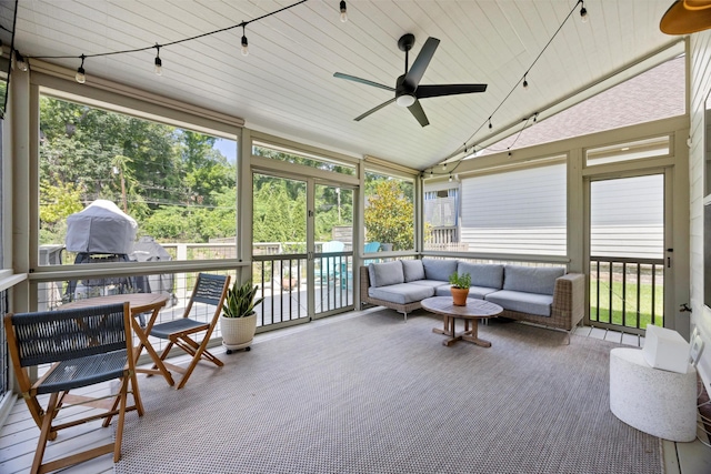 1355 Carrington Way, Chattanooga, TN 37405 - sunroom / solarium featuring a ceiling fan, an outdoor living space, lofted ceiling, and rail lighting
