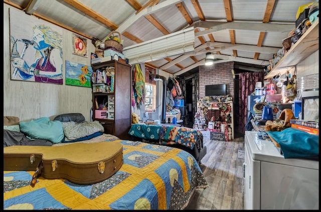 815 Chestnut Ridge Rd, Spring City, TN 37381 - bedroom with wood finished floors, lofted ceiling, and washer / dryer