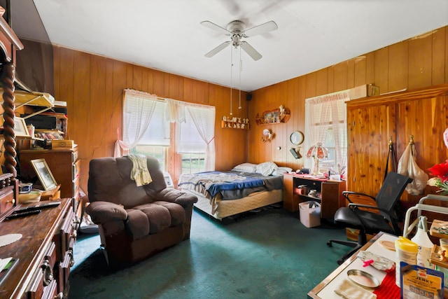 3650 Waring Rd, Dalton, GA 30721 - carpeted bedroom with wooden walls and ceiling fan