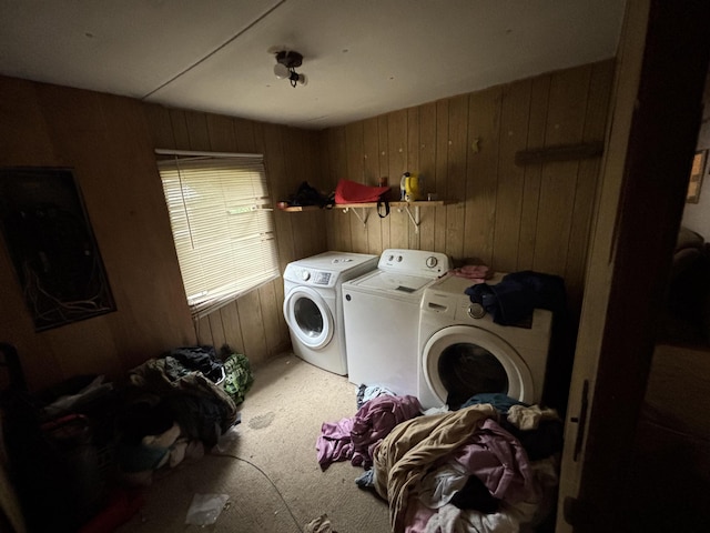 4039 Keith Valley Rd NE, Cohutta, GA 30710 - laundry room featuring independent washer and dryer, wooden walls, and carpet flooring