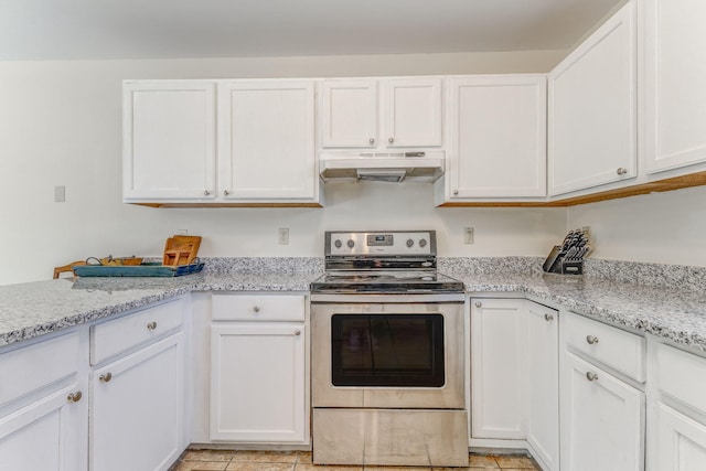 394 Nordic Rd, Crandall, GA 30711 - kitchen with under cabinet range hood, electric range, white cabinetry, and light stone countertops