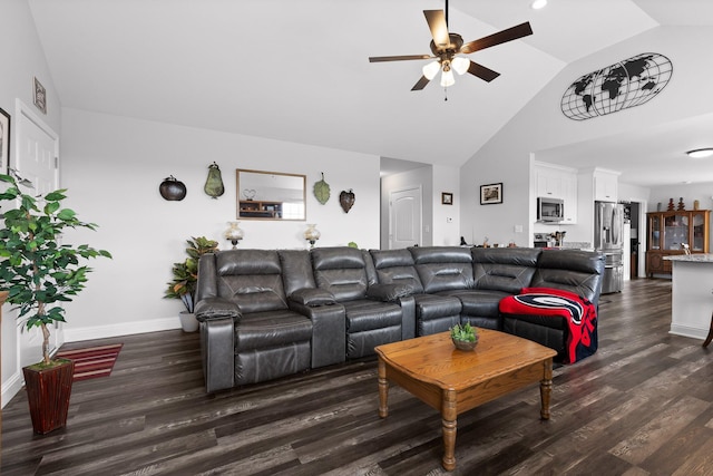 1008 Durgan Pl, Dalton, GA 30721 - living area featuring ceiling fan, dark wood-style flooring, high vaulted ceiling, and baseboards