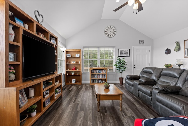 1008 Durgan Pl, Dalton, GA 30721 - living area with a ceiling fan, dark wood-style floors, and high vaulted ceiling