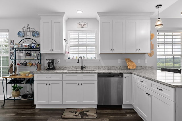 1008 Durgan Pl, Dalton, GA 30721 - kitchen featuring dishwasher, a sink, white cabinetry, dark wood-style flooring, and recessed lighting