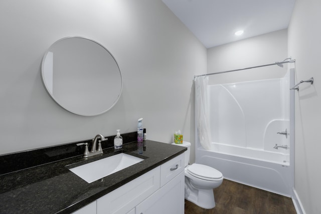 141 Woodland Way, Signal Mountain, TN 37377 - bathroom featuring vanity, toilet, wood finished floors, and shower / tub combo with curtain