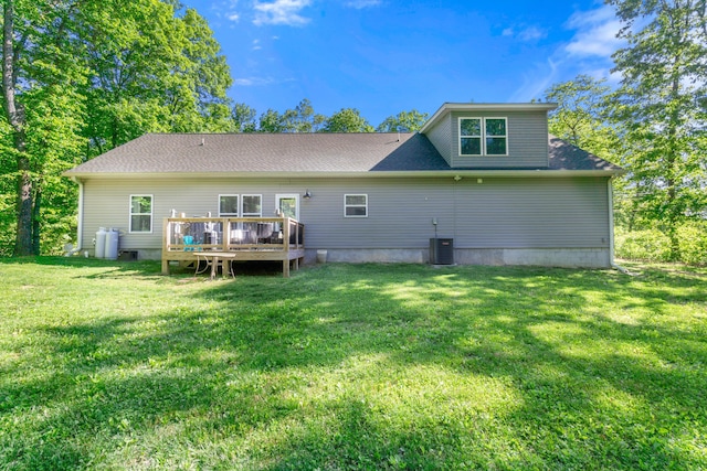 141 Woodland Way, Signal Mountain, TN 37377 - back of property featuring a wooden deck, a lawn, and central AC