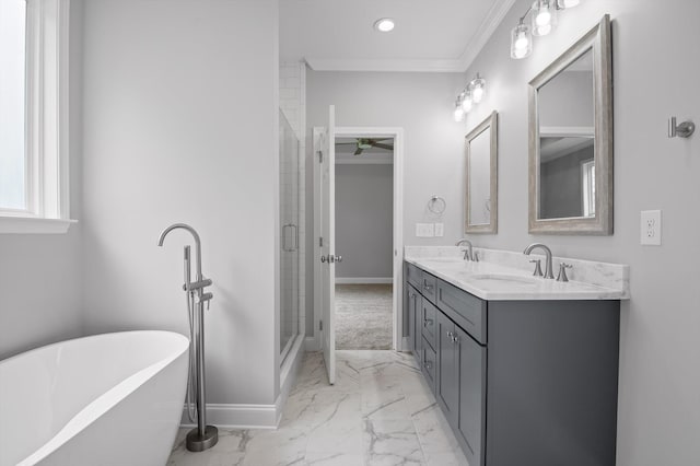 338 Kerry Ln, Soddy Daisy, TN 37379 - full bath featuring marble finish floors, baseboards, a soaking tub, double vanity, and a stall shower