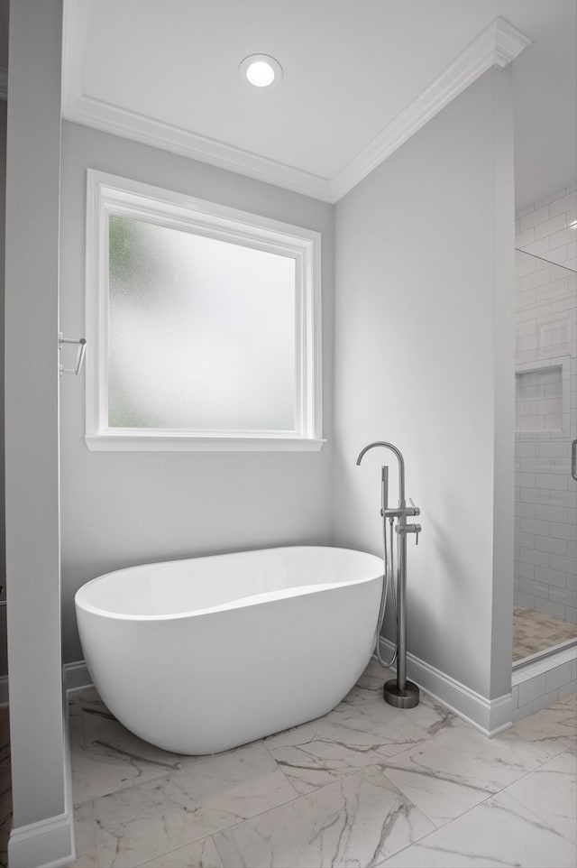 338 Kerry Ln, Soddy Daisy, TN 37379 - full bath with marble finish floors, crown molding, a freestanding tub, a stall shower, and recessed lighting