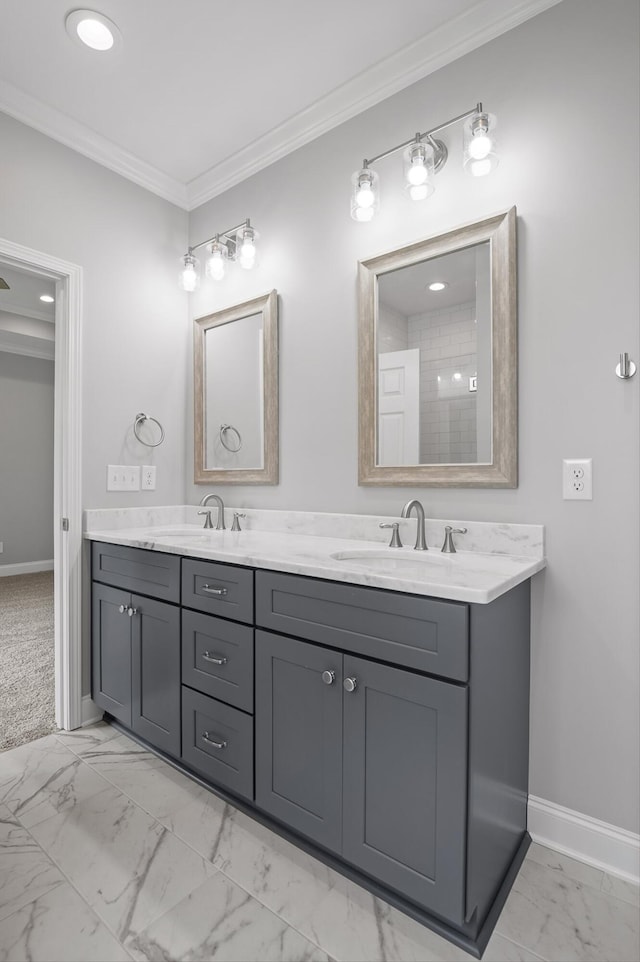 338 Kerry Ln, Soddy Daisy, TN 37379 - full bath with marble look tile flooring, double vanity, baseboards, and crown molding