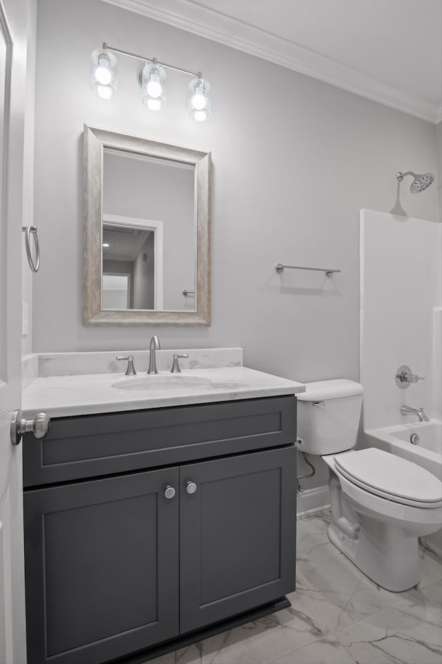 338 Kerry Ln, Soddy Daisy, TN 37379 - bathroom featuring crown molding, marble finish flooring, vanity, toilet, and  shower combination