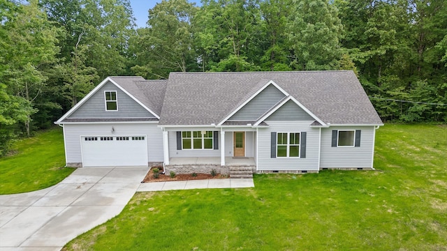 338 Kerry Ln, Soddy Daisy, TN 37379 - view of front of house featuring driveway, a front yard, a porch, a shingled roof, and crawl space