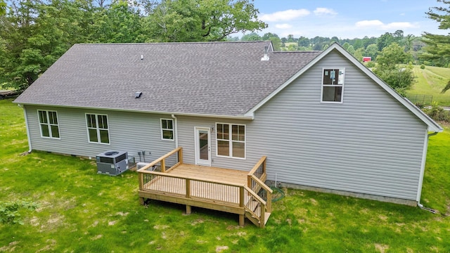 338 Kerry Ln, Soddy Daisy, TN 37379 - back of house with a lawn, central air condition unit, a wooden deck, and roof with shingles