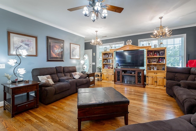 375 Cody Way, Tunnel Hill, GA 30755 - living room featuring a chandelier, ceiling fan, light wood-style floors, and crown molding