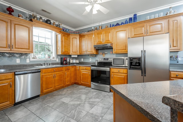 375 Cody Way, Tunnel Hill, GA 30755 - kitchen featuring stainless steel appliances, under cabinet range hood, ornamental molding, a sink, and a ceiling fan