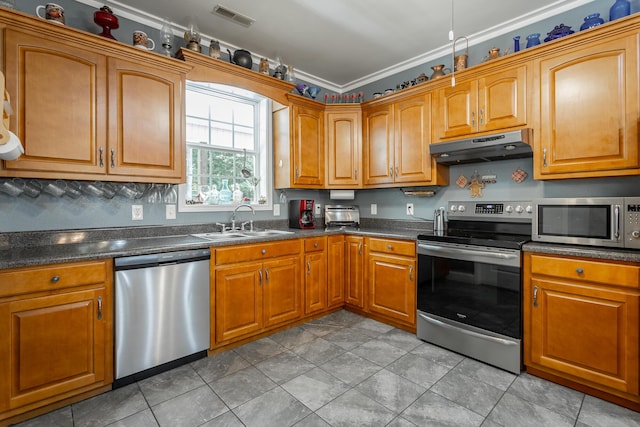 375 Cody Way, Tunnel Hill, GA 30755 - kitchen with under cabinet range hood, stainless steel appliances, a sink, crown molding, and dark countertops