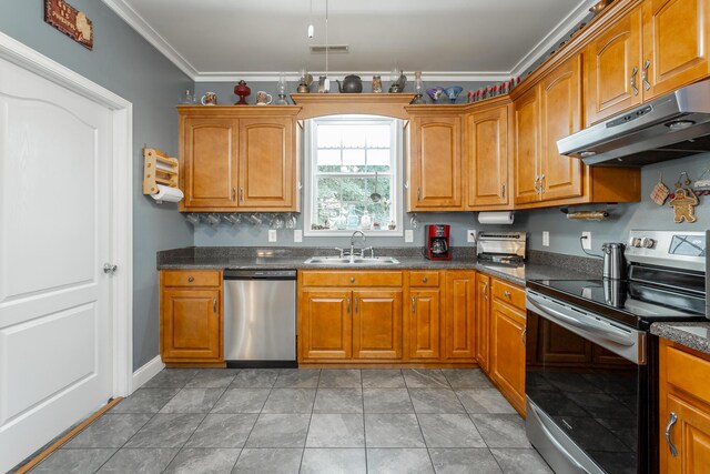 375 Cody Way, Tunnel Hill, GA 30755 - kitchen with appliances with stainless steel finishes, under cabinet range hood, a sink, ornamental molding, and brown cabinets