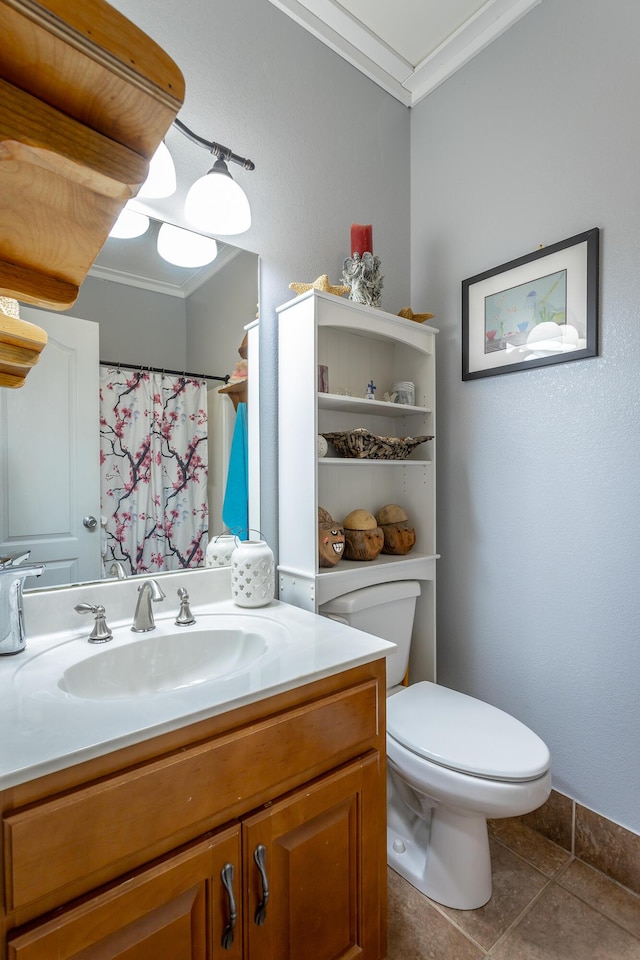 375 Cody Way, Tunnel Hill, GA 30755 - bathroom with crown molding, vanity, toilet, a shower with curtain, and stone finish floors