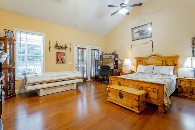 375 Cody Way, Tunnel Hill, GA 30755 - bedroom with wood finished floors, high vaulted ceiling, a desk, access to exterior, and ceiling fan