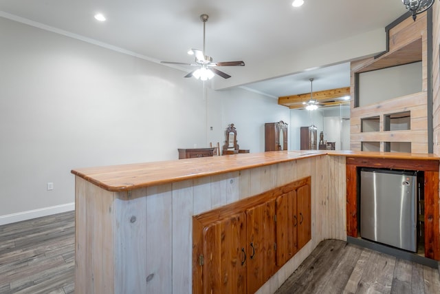 375 Cody Way, Tunnel Hill, GA 30755 - kitchen featuring freestanding refrigerator, a ceiling fan, wood finished floors, baseboards, and crown molding
