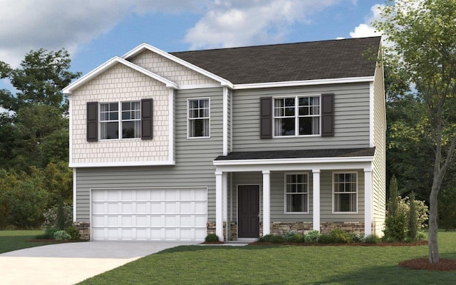 314 Draft St, Rossville, GA 30741 - view of front of house featuring stone siding, an attached garage, a front lawn, driveway, and roof with shingles