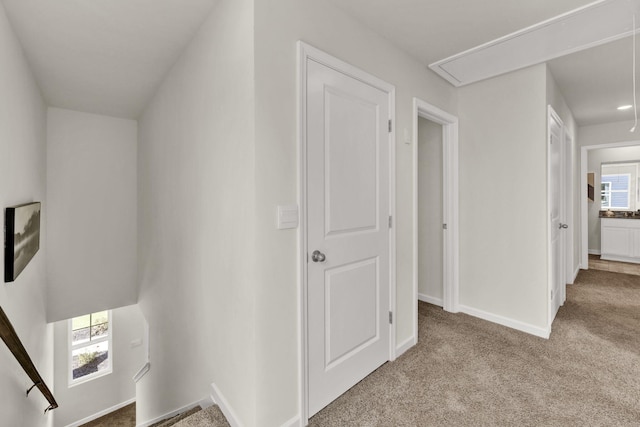 300 Draft St, Rossville, GA 30741 - hall featuring attic access, carpet flooring, an upstairs landing, and baseboards