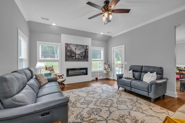 8012 Mcdonald Cemetery Rd, Ooltewah, TN 37363 - living room featuring ornamental molding, lofted ceiling, ceiling fan, wood finished floors, and baseboards