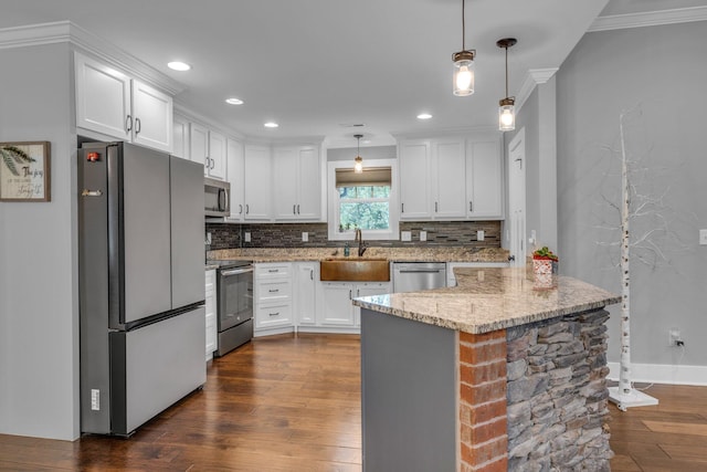 8012 Mcdonald Cemetery Rd, Ooltewah, TN 37363 - kitchen featuring appliances with stainless steel finishes, a sink, dark wood-style flooring, decorative backsplash, and white cabinets