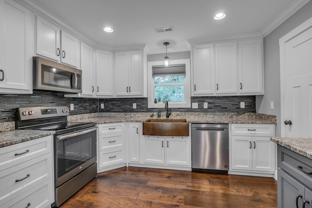 8012 Mcdonald Cemetery Rd, Ooltewah, TN 37363 - kitchen with stainless steel appliances, a sink, dark wood-style floors, tasteful backsplash, and ornamental molding