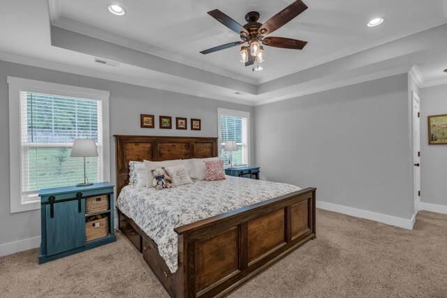 8012 Mcdonald Cemetery Rd, Ooltewah, TN 37363 - bedroom featuring light carpet, a raised ceiling, baseboards, recessed lighting, and ornamental molding