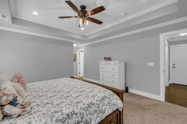 8012 Mcdonald Cemetery Rd, Ooltewah, TN 37363 - bedroom featuring a tray ceiling, crown molding, recessed lighting, baseboards, and carpet