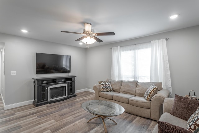 900 Mountain Creek Rd Unit 300, Chattanooga, TN 37405 - living area with wood finished floors, ceiling fan, baseboards, recessed lighting, and a glass covered fireplace
