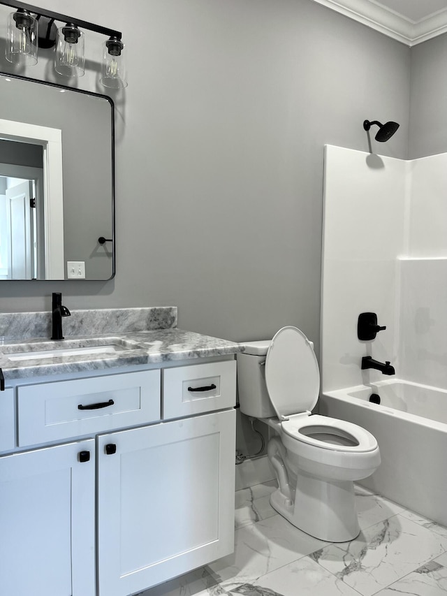 4958 Old State Highway 28, Dunlap, TN 37327 - full bathroom with ornamental molding, toilet, vanity, shower / tub combination, and marble look tiles