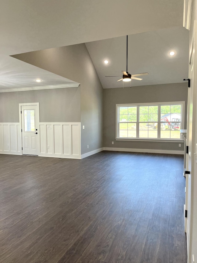 4958 Old State Highway 28, Dunlap, TN 37327 - empty room with ceiling fan, dark wood-type flooring, healthy amount of natural light, lofted ceiling, and crown molding
