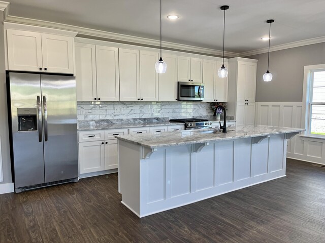 4958 Old State Highway 28, Dunlap, TN 37327 - kitchen with stainless steel appliances, dark wood finished floors, white cabinetry, ornamental molding, and decorative backsplash