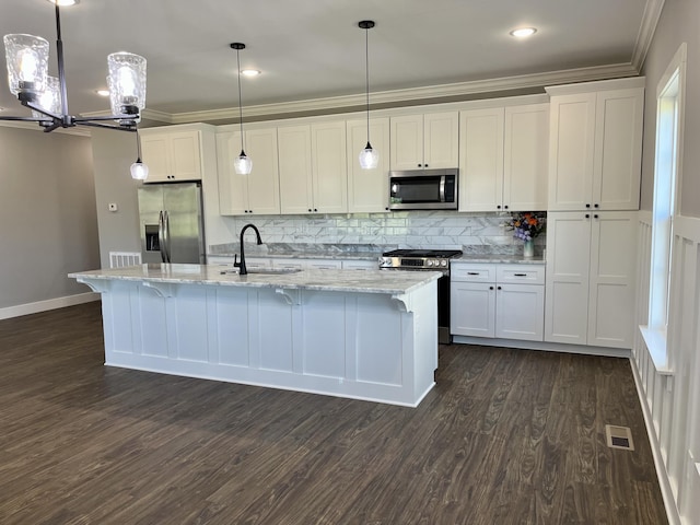 4958 Old State Highway 28, Dunlap, TN 37327 - kitchen with stainless steel appliances, dark wood-type flooring, white cabinets, tasteful backsplash, and crown molding
