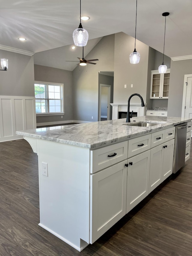 4958 Old State Highway 28, Dunlap, TN 37327 - kitchen with a sink, stainless steel dishwasher, white cabinets, a ceiling fan, and a center island with sink