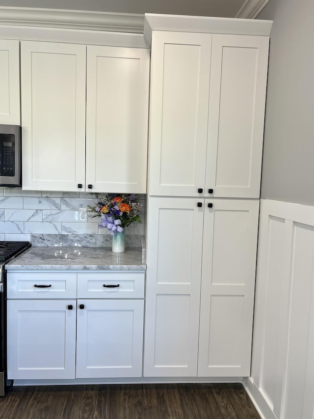 4958 Old State Highway 28, Dunlap, TN 37327 - kitchen featuring stainless steel appliances, white cabinetry, light stone counters, dark wood-type flooring, and decorative backsplash