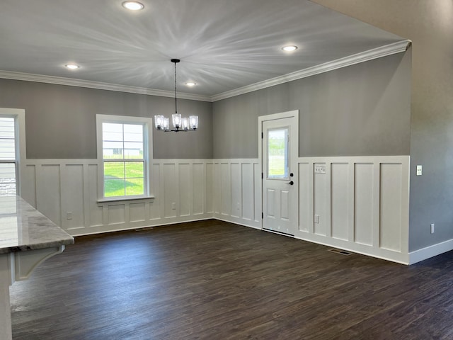 4958 Old State Highway 28, Dunlap, TN 37327 - unfurnished dining area with a chandelier, plenty of natural light, dark wood-style flooring, crown molding, and a wainscoted wall