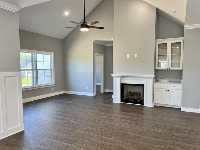 4958 Old State Highway 28, Dunlap, TN 37327 - unfurnished living room with high vaulted ceiling, a ceiling fan, dark wood finished floors, baseboards, and ornamental molding