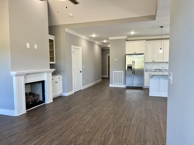 4958 Old State Highway 28, Dunlap, TN 37327 - unfurnished living room with ornamental molding, baseboards, dark wood-style flooring, ceiling fan, and a fireplace