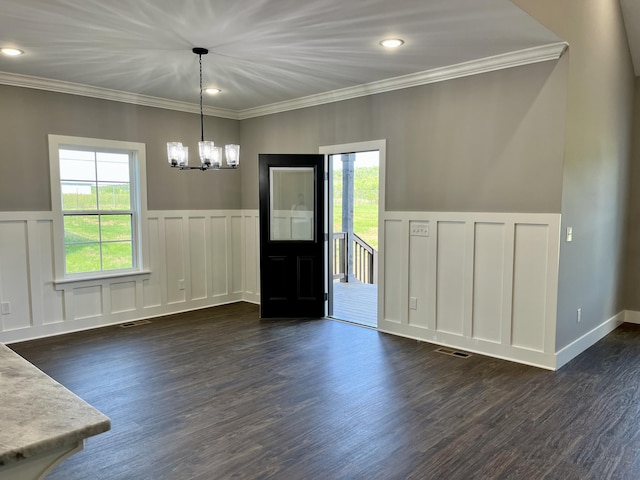 4958 Old State Highway 28, Dunlap, TN 37327 - unfurnished dining area featuring a chandelier, a decorative wall, plenty of natural light, crown molding, and a wainscoted wall