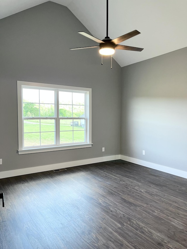 4958 Old State Highway 28, Dunlap, TN 37327 - unfurnished room with vaulted ceiling, a ceiling fan, dark wood-style flooring, and baseboards