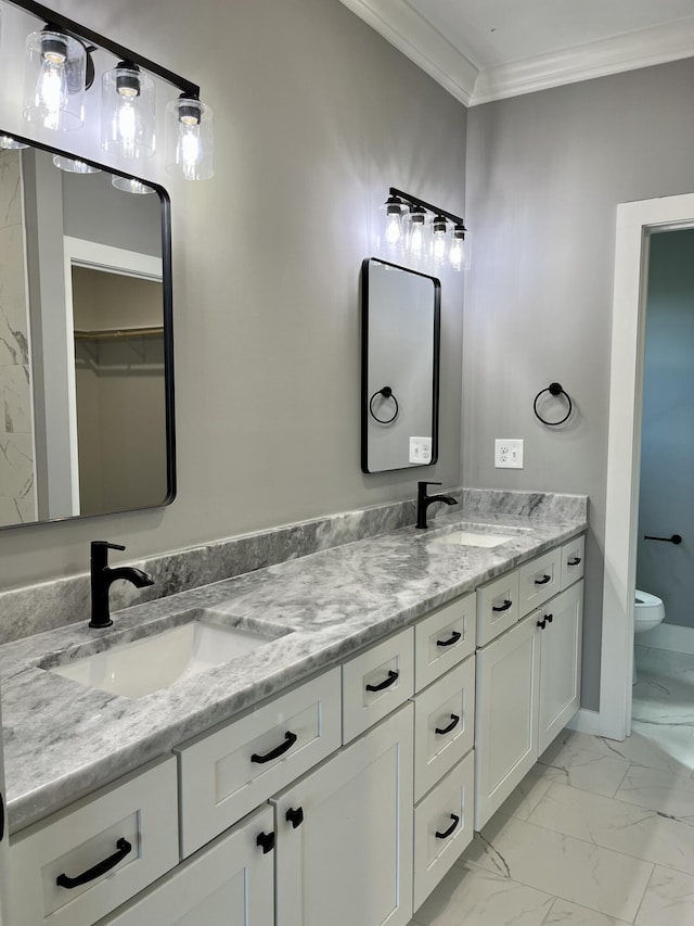 4958 Old State Highway 28, Dunlap, TN 37327 - bathroom with marble finish floors, ornamental molding, double vanity, and toilet