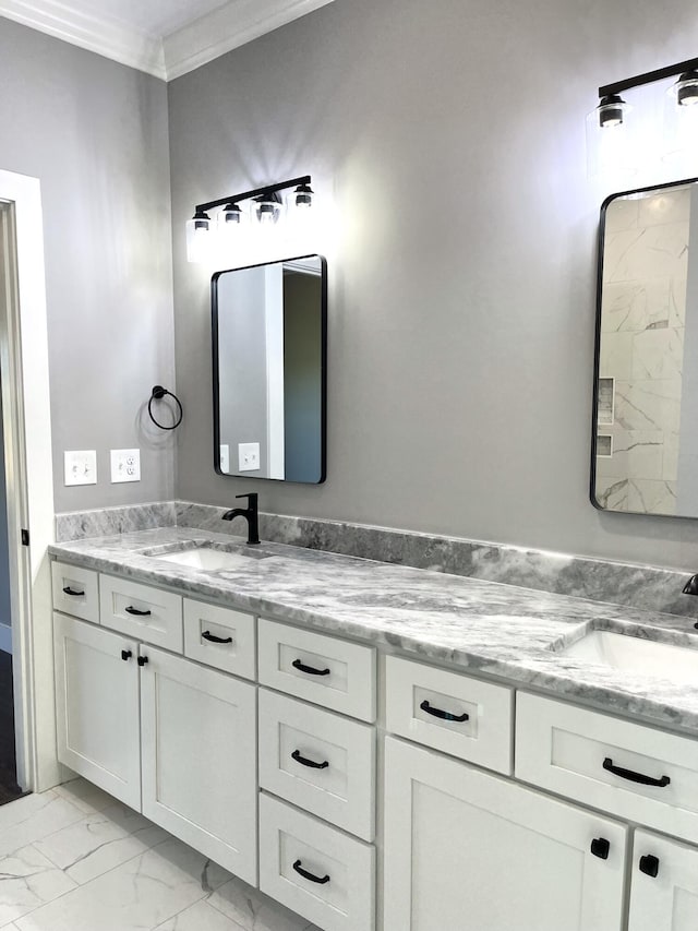 4958 Old State Highway 28, Dunlap, TN 37327 - full bath featuring crown molding, double vanity, and marble look tiles