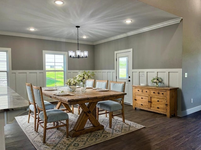 4958 Old State Highway 28, Dunlap, TN 37327 - dining room with healthy amount of natural light, crown molding, a chandelier, a decorative wall, and dark wood-type flooring