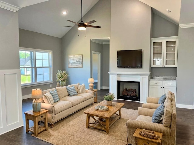 4958 Old State Highway 28, Dunlap, TN 37327 - living area featuring high vaulted ceiling, a ceiling fan, dark wood finished floors, a fireplace, and baseboards